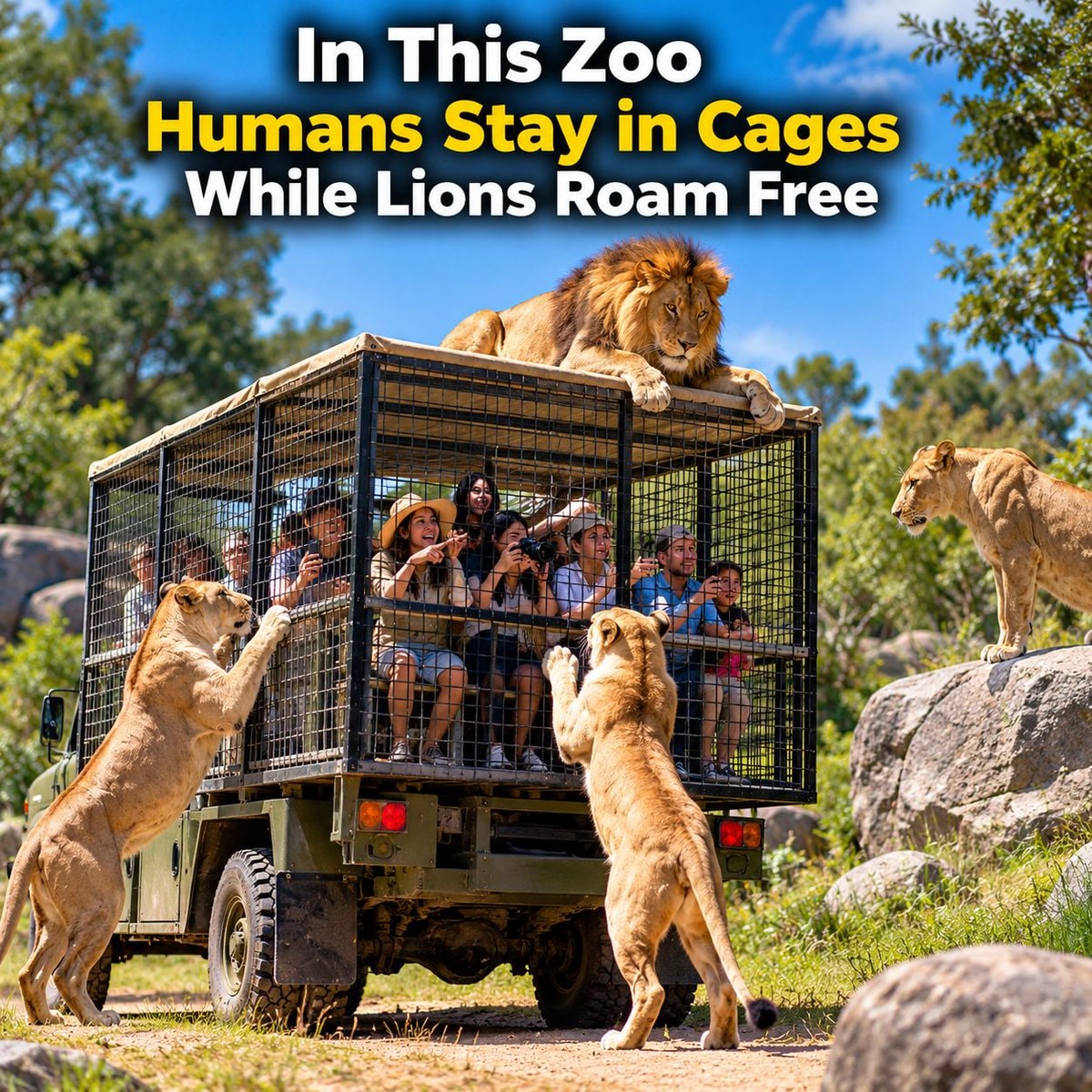 Zoo where humans stay caged and lions roam free Zoo where humans stay caged and lions roam free