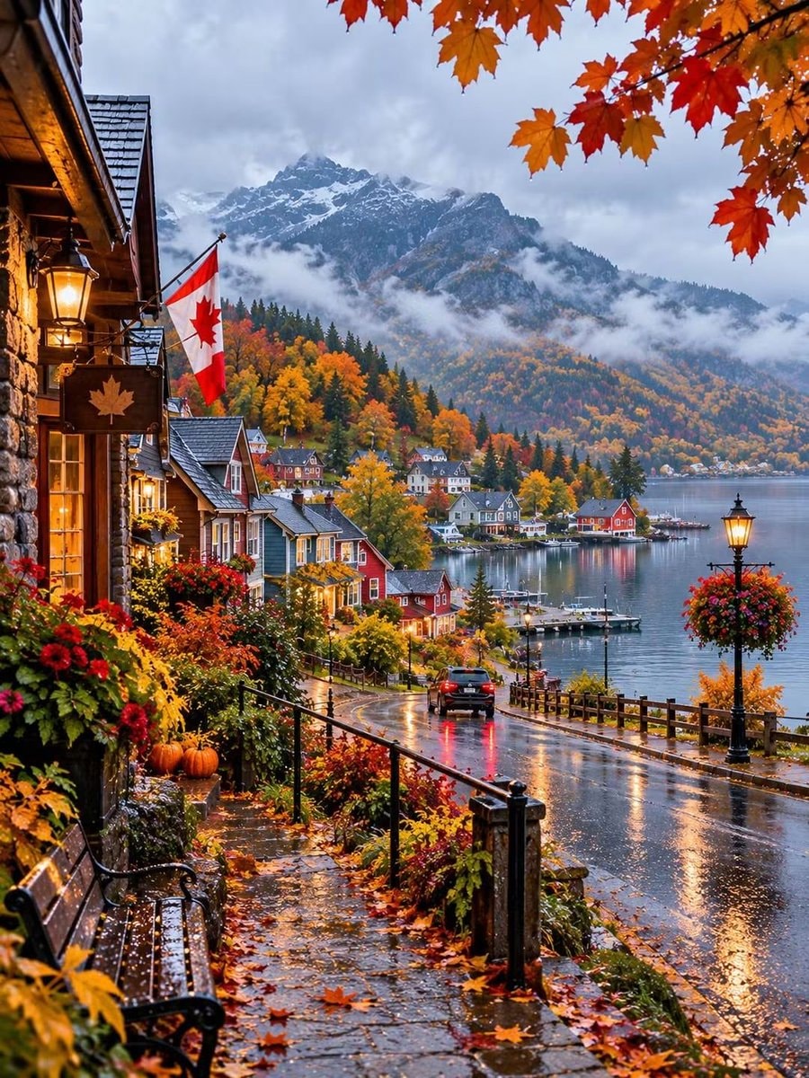 Canada autumn lakeside village