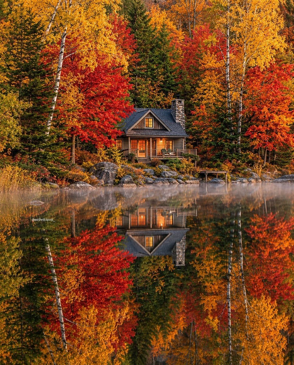 Autumn cabin by the lake
