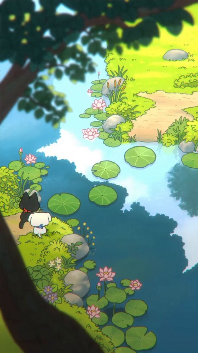cartoon cat and dog at pond