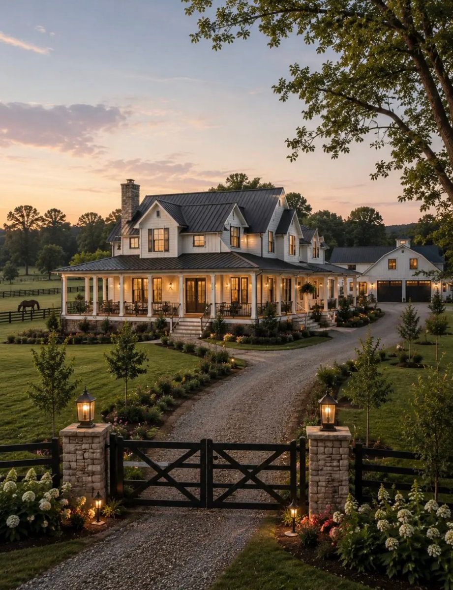 Farmhouse estate at dusk with horse