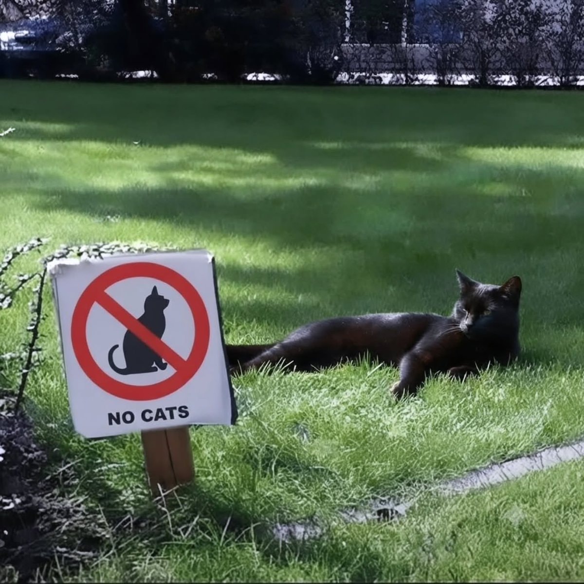 Cat ignoring no cats sign