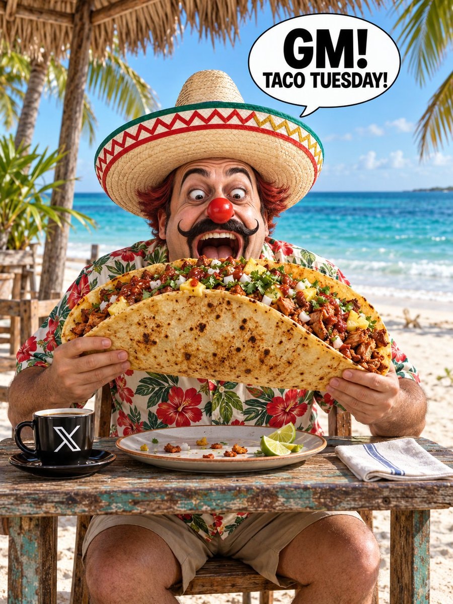 Man in sombrero eating giant taco on beach
