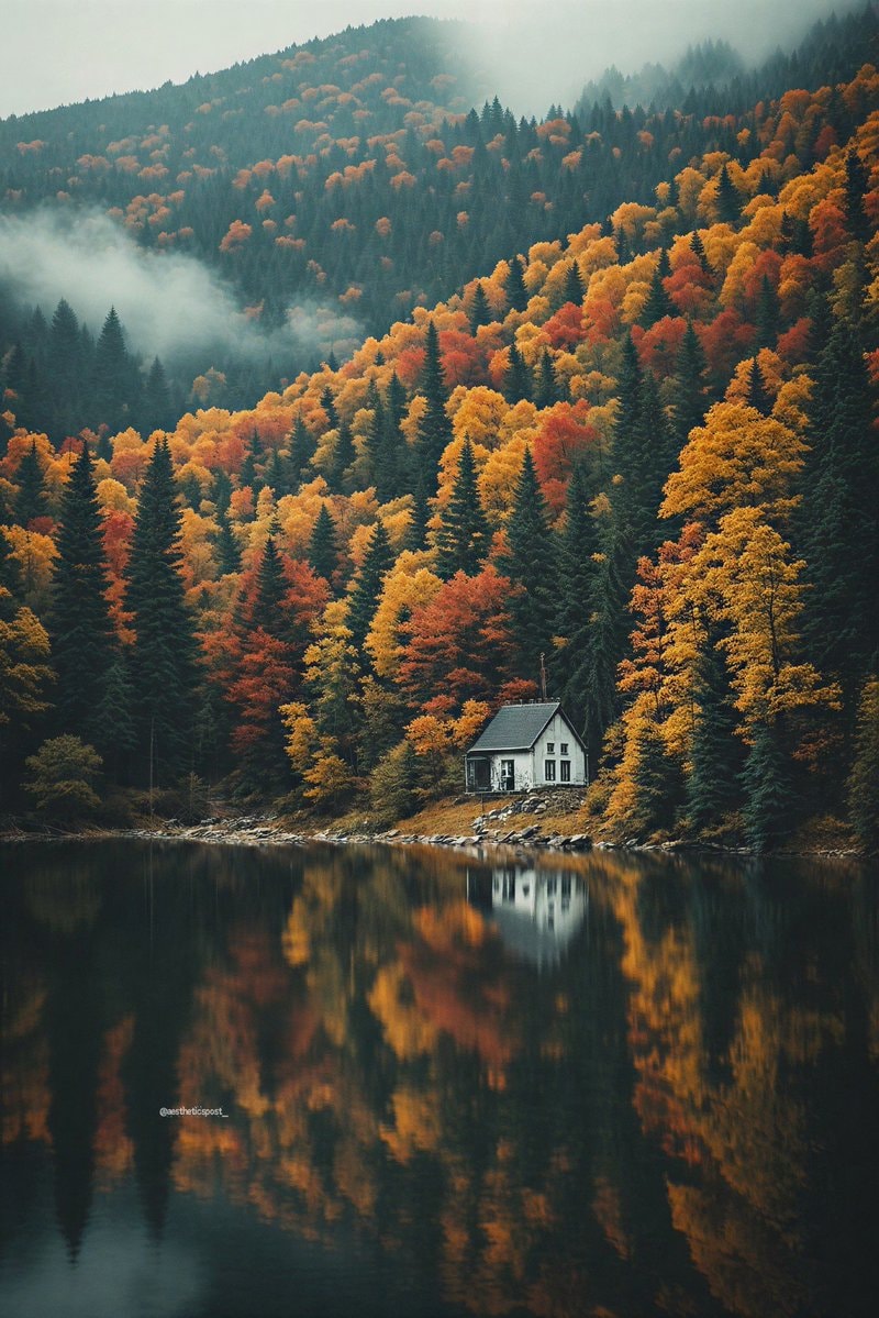 white house autumn lake reflection