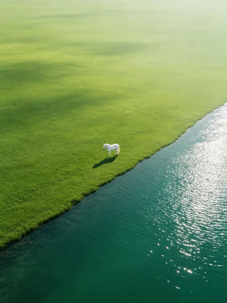 lone white horse by turquoise water lone white horse by turquoise water