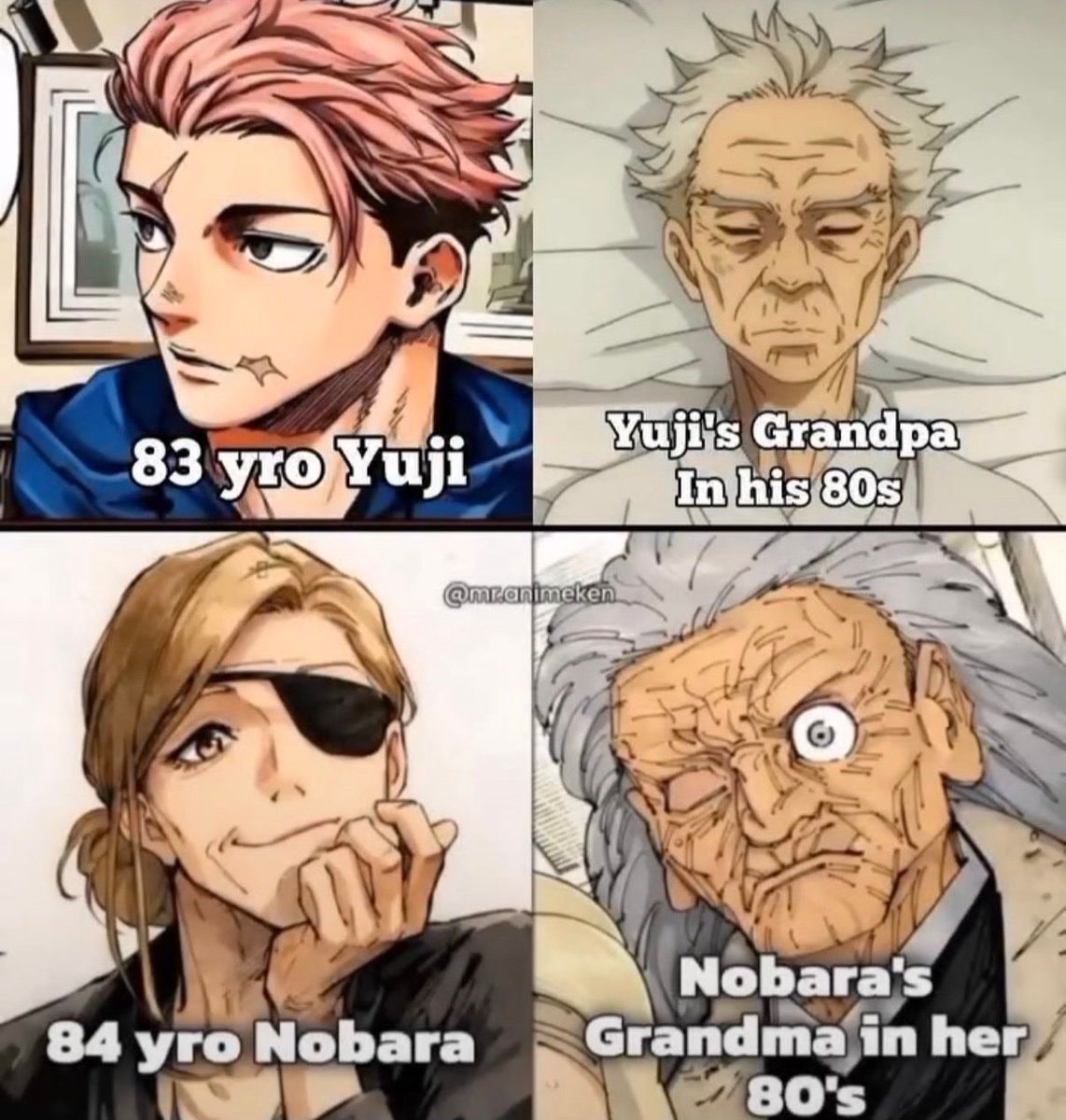 Yuji and Nobara in their 80s meme