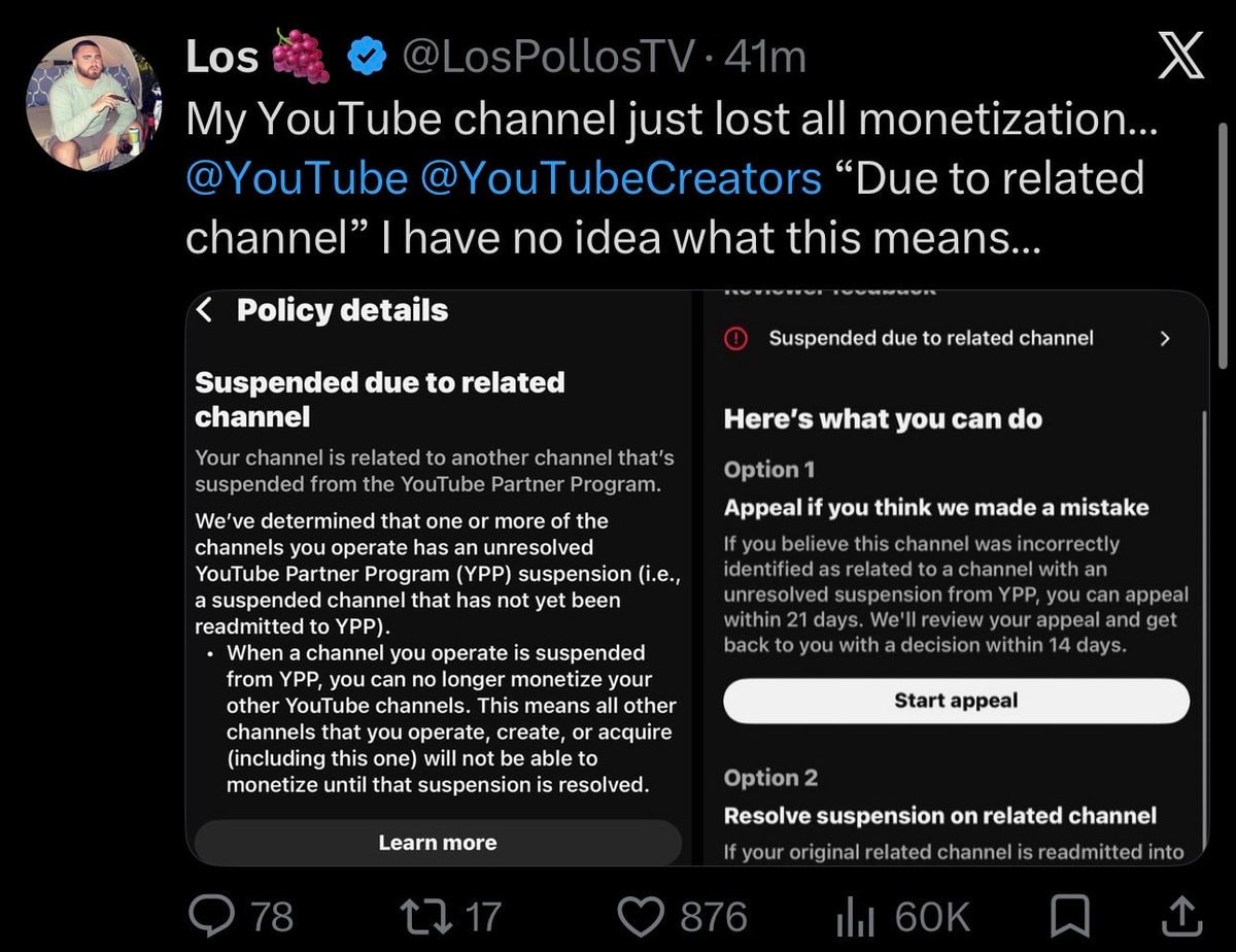 LosPollosTV demonetized YouTube