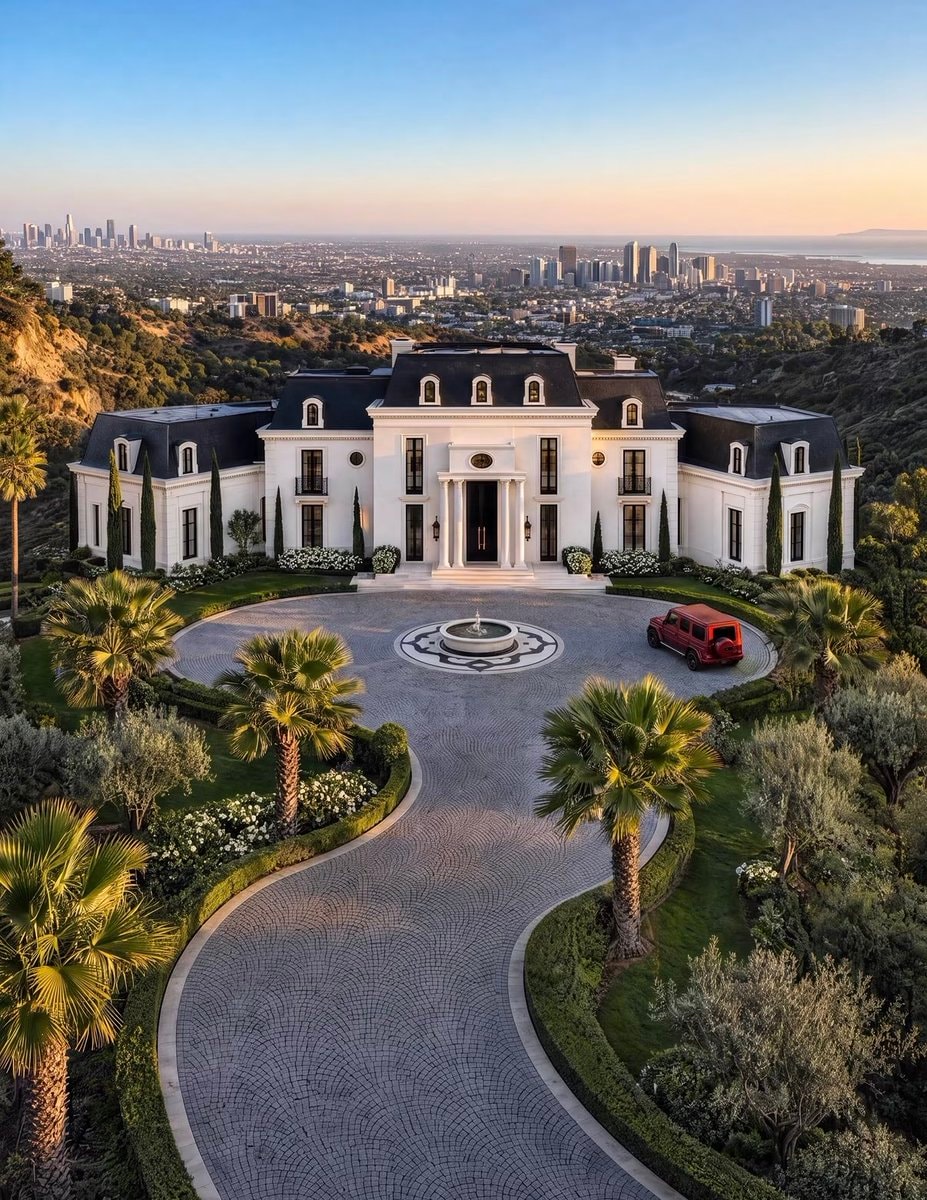 White Mansion Red SUV Los Angeles Skyline