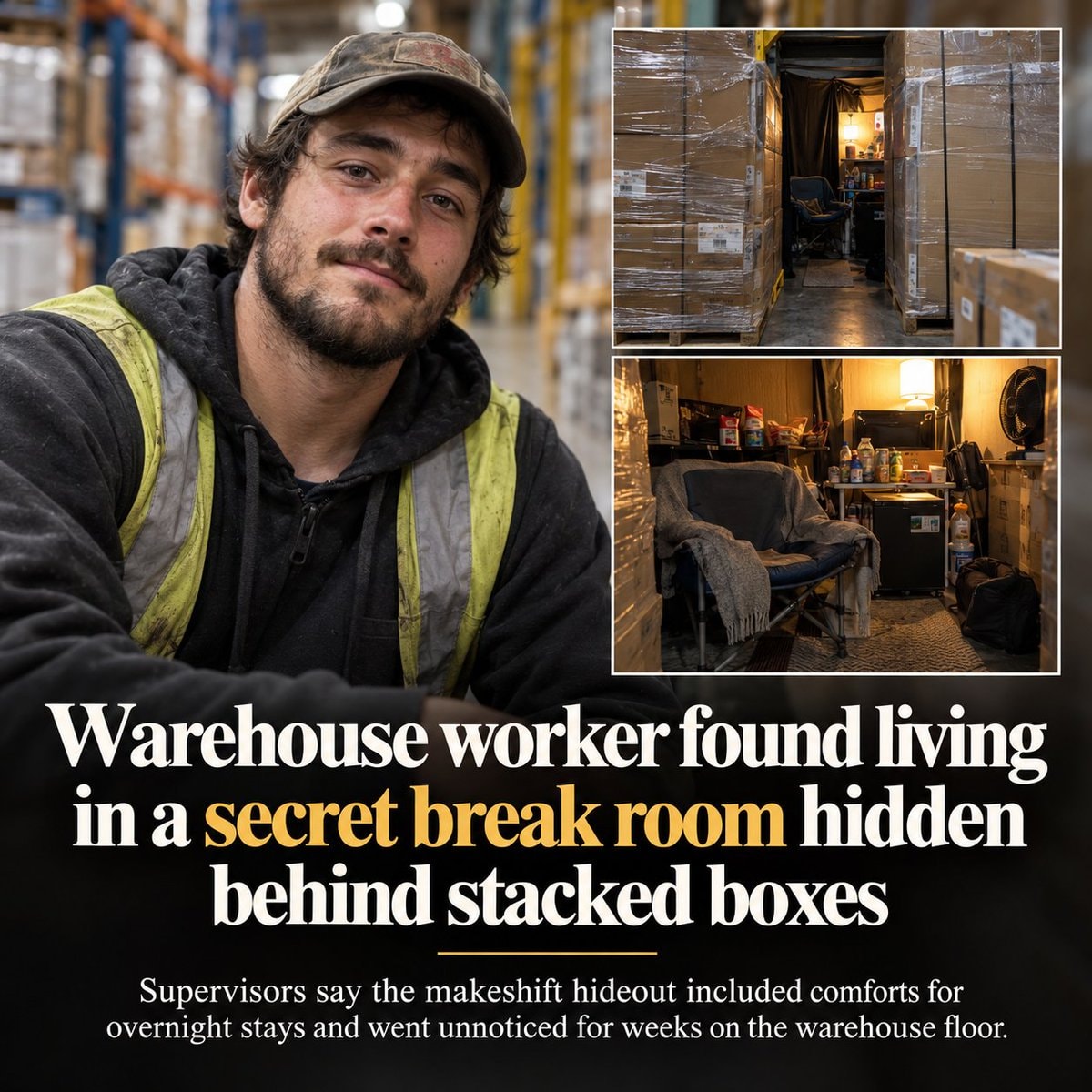 Warehouse worker's hidden room behind boxes