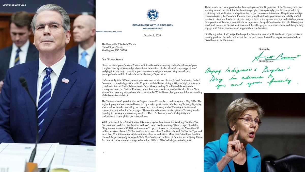 Scott Bessent letter to Elizabeth Warren