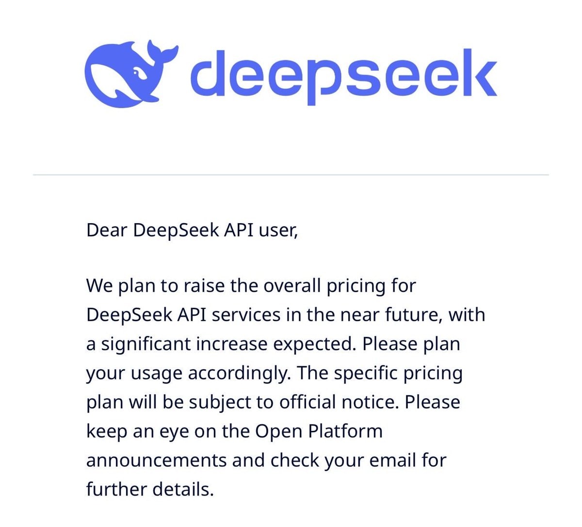 DeepSeek API price increase notice