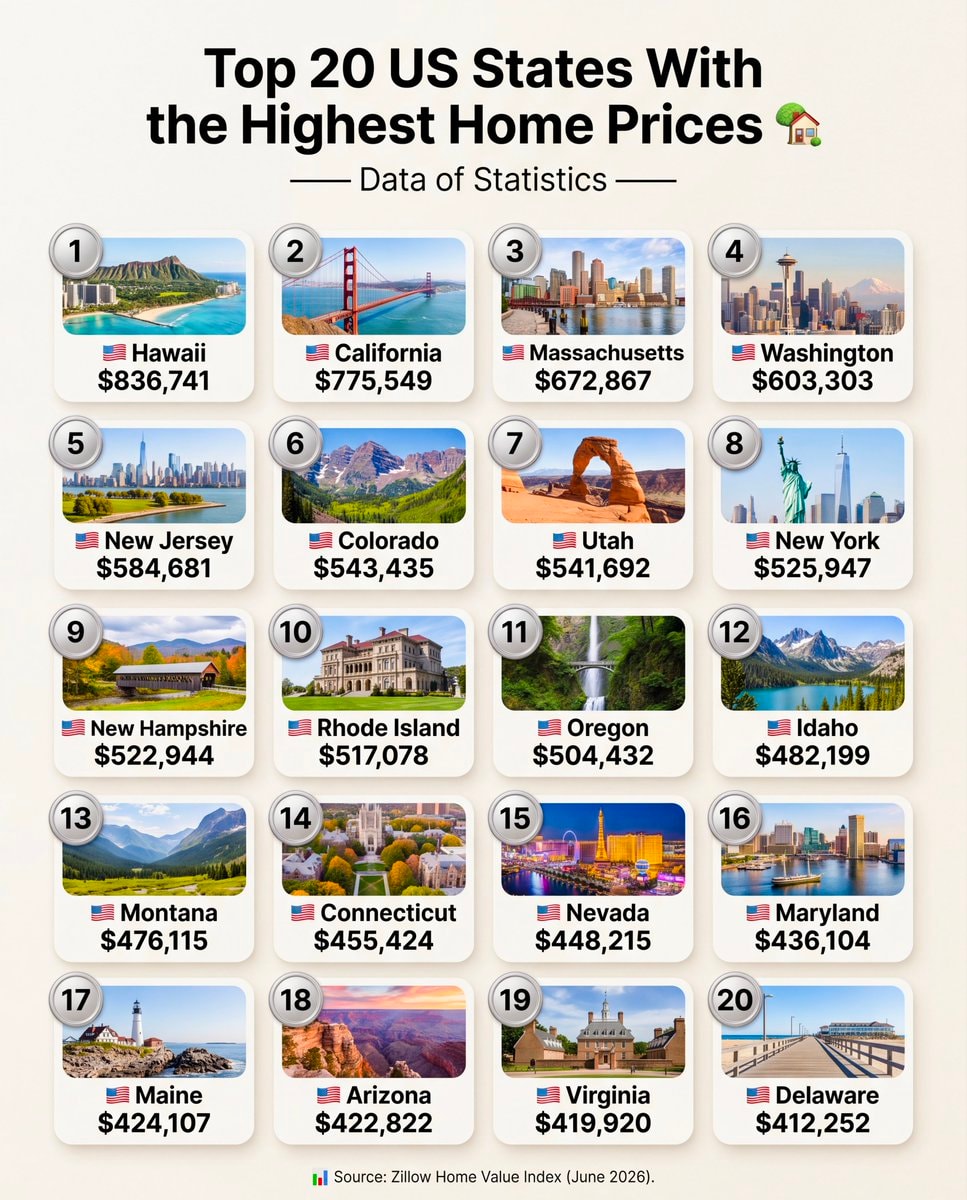 Top 20 US States Highest Home Prices