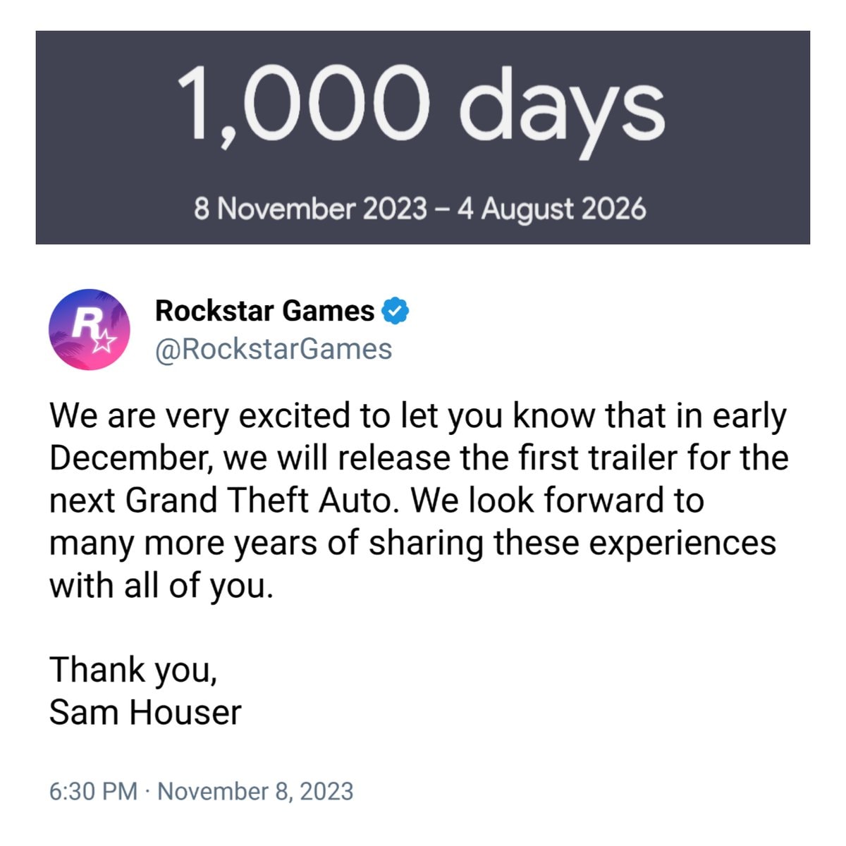 GTA 6 1,000 days since Trailer 1 window