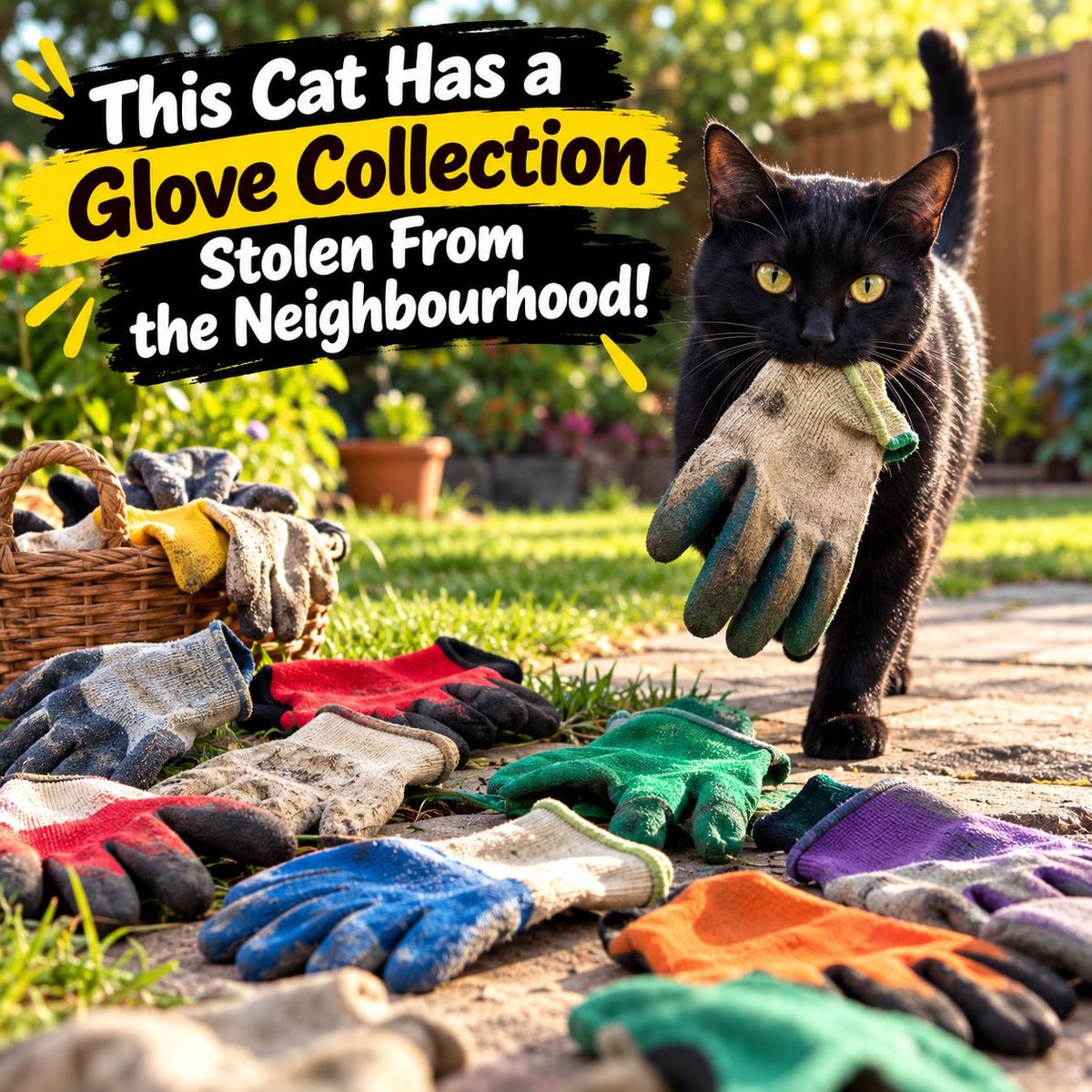 Black cat stealing gardening gloves