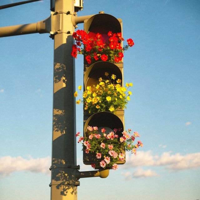 Traffic light with flower lenses