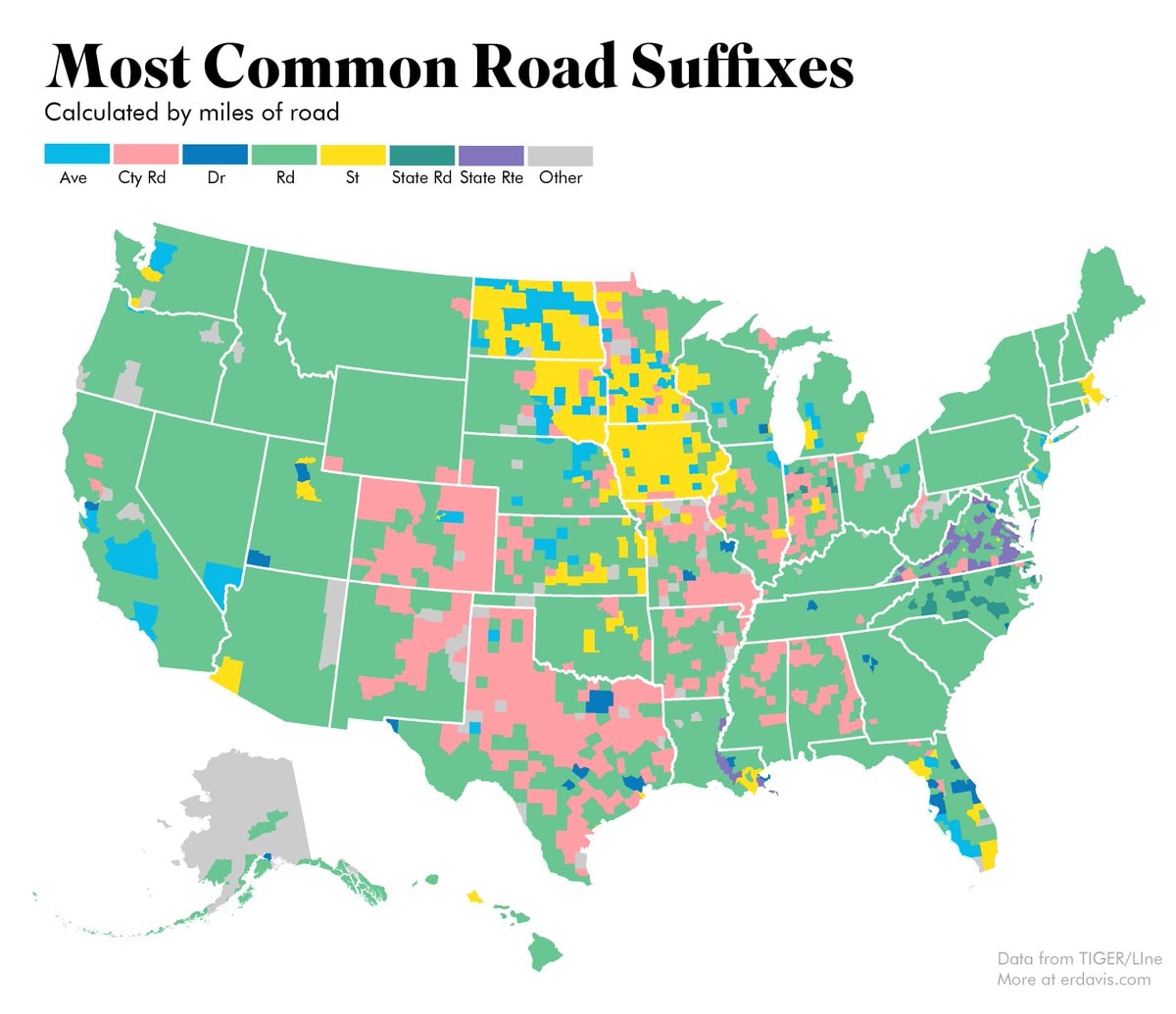 most common US road suffixes by county