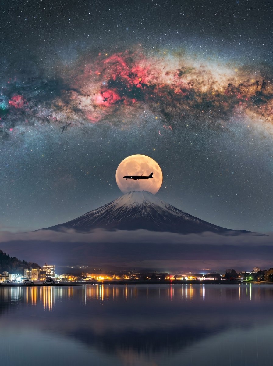 Mount Fuji moon airplane Milky Way Mount Fuji moon airplane Milky Way