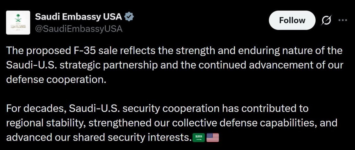 Saudi Embassy F-35 deal statement Saudi Embassy F-35 deal statement