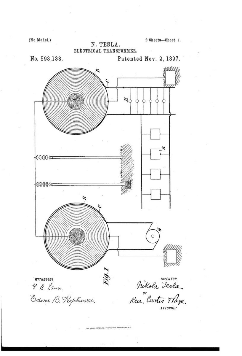 Nikola Tesla Electrical Transformer Patent 1897