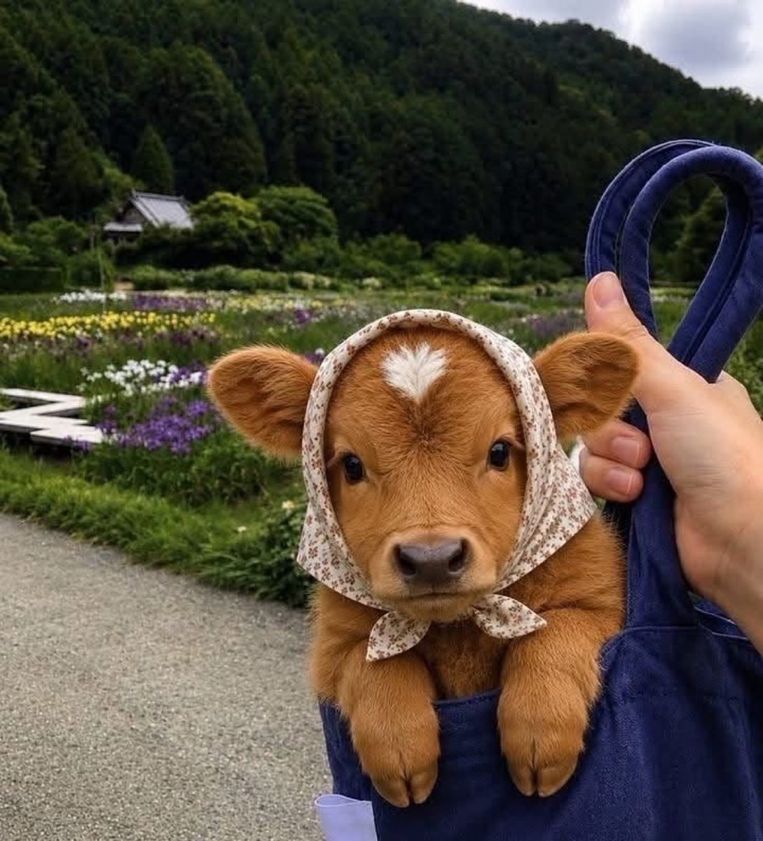baby cow in blue tote