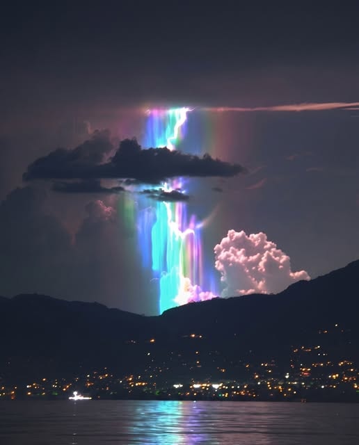 Rainbow thunderstorm over coastal city