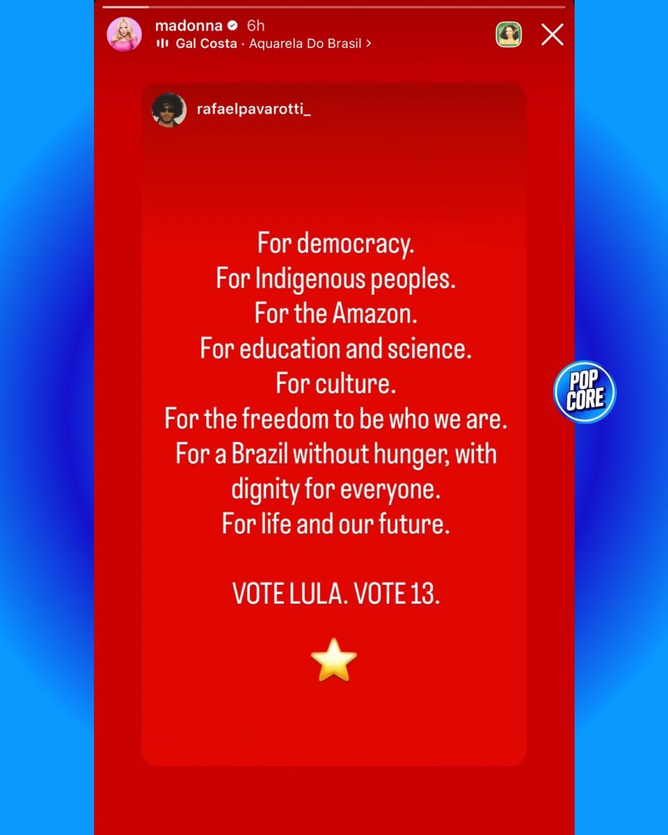 Madonna backs Lula on Instagram Story