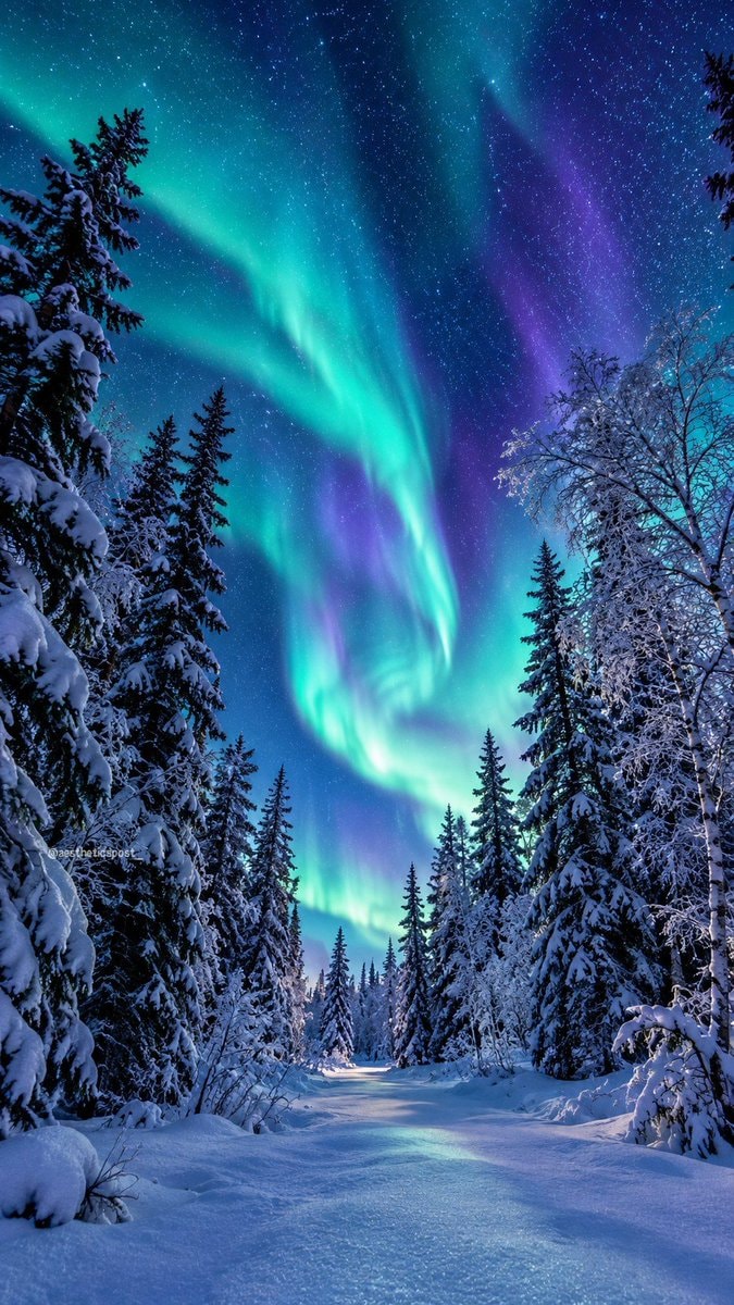 aurora borealis over snow forest