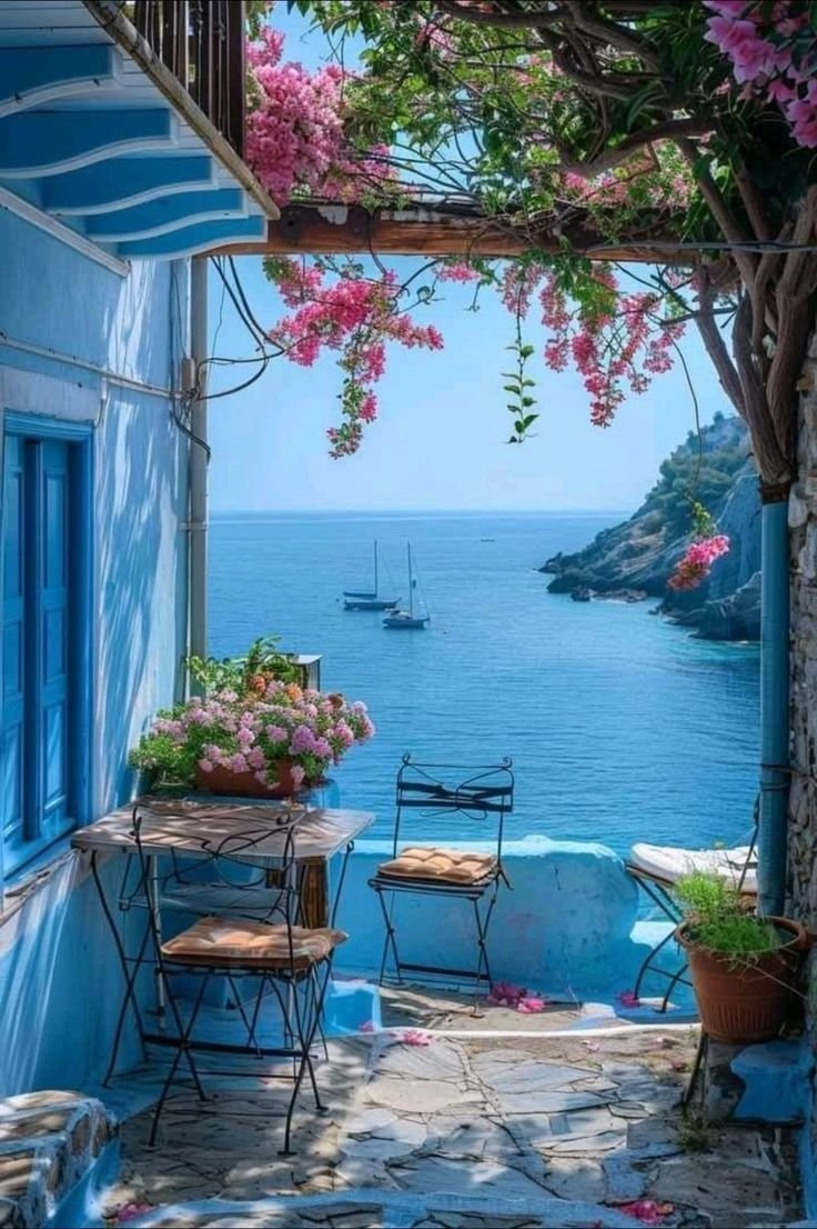 Greece coastal seating with bougainvillea