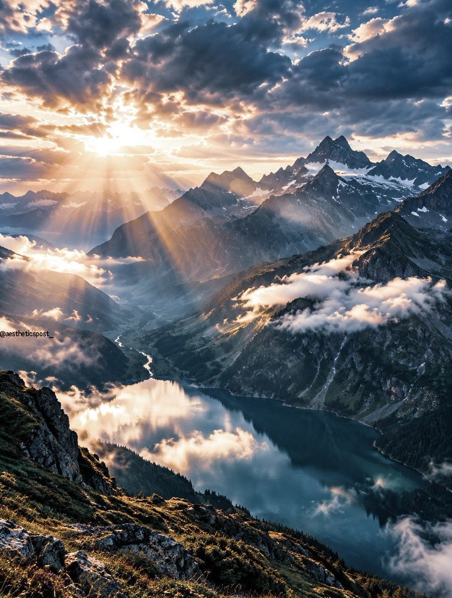 mountain lake with sunbeams mountain lake with sunbeams