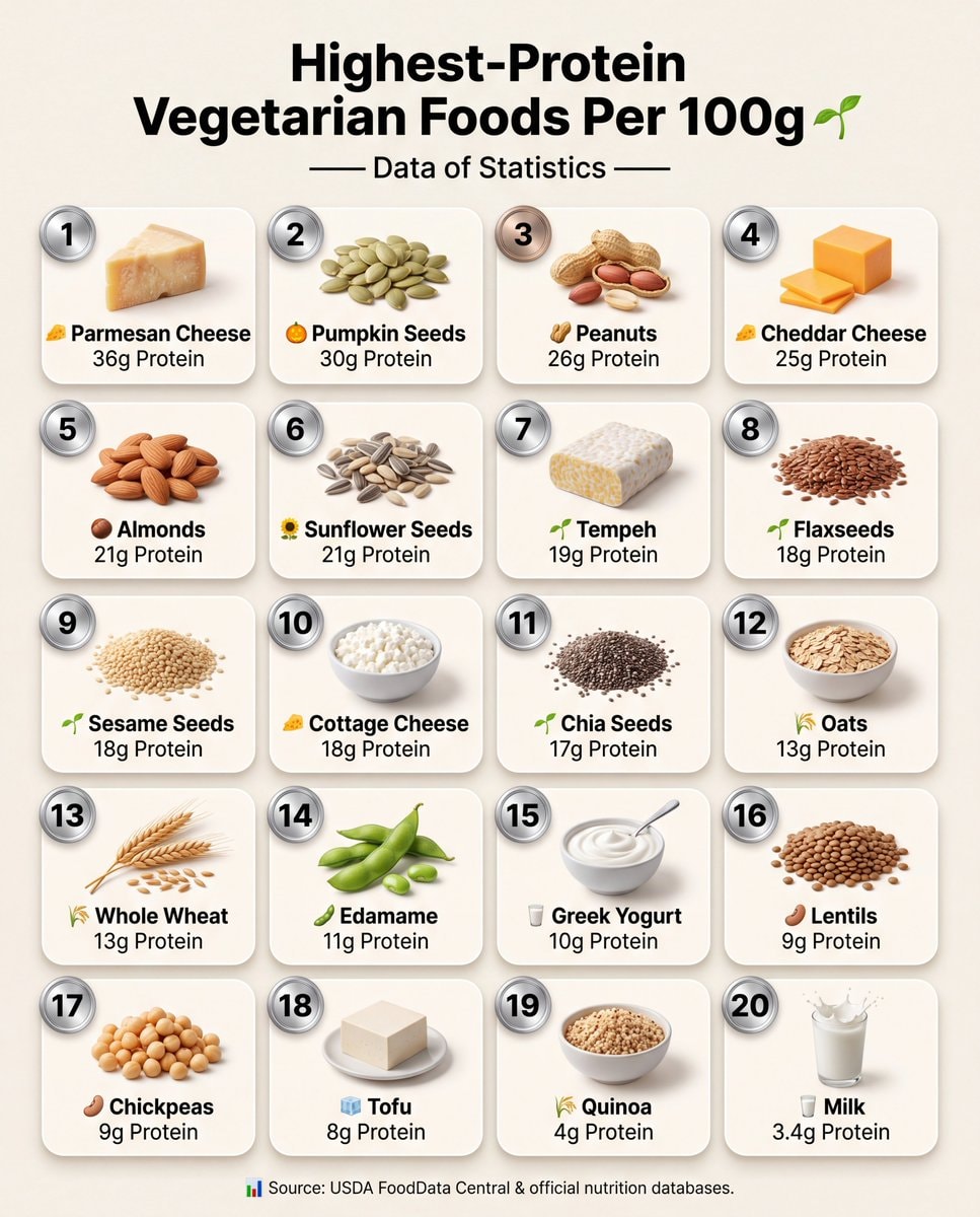 Highest protein vegetarian foods per 100g