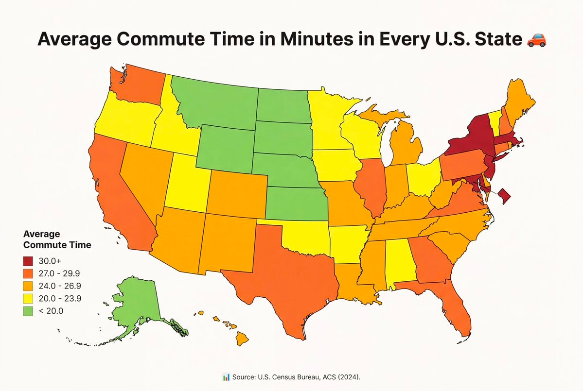 Average commute time in every US state