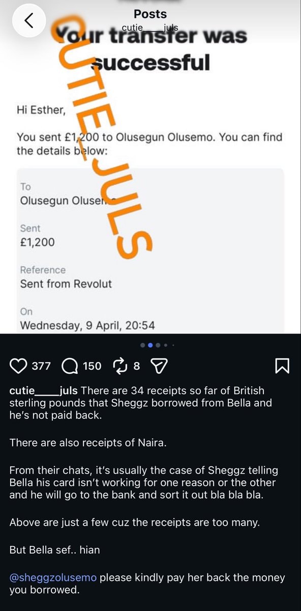Sheggz Bella Cutie Juls debt receipts