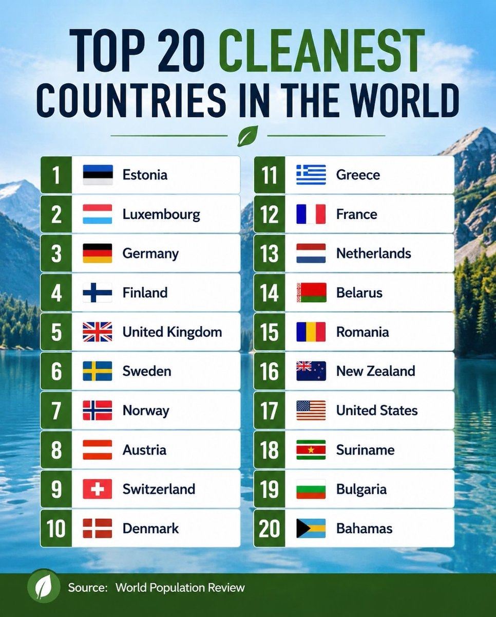 Top 20 Cleanest Countries in the World Top 20 Cleanest Countries in the World