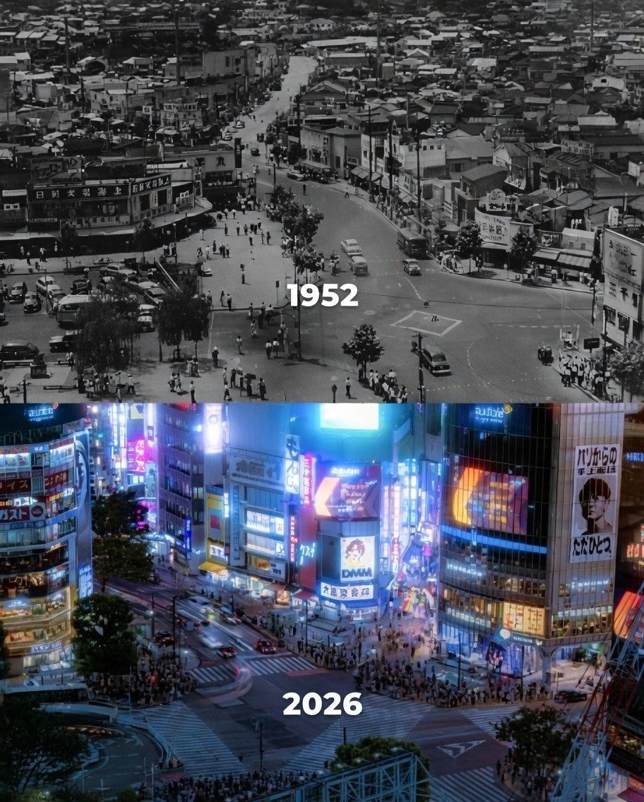 Shibuya 1952 vs 2026 comparison