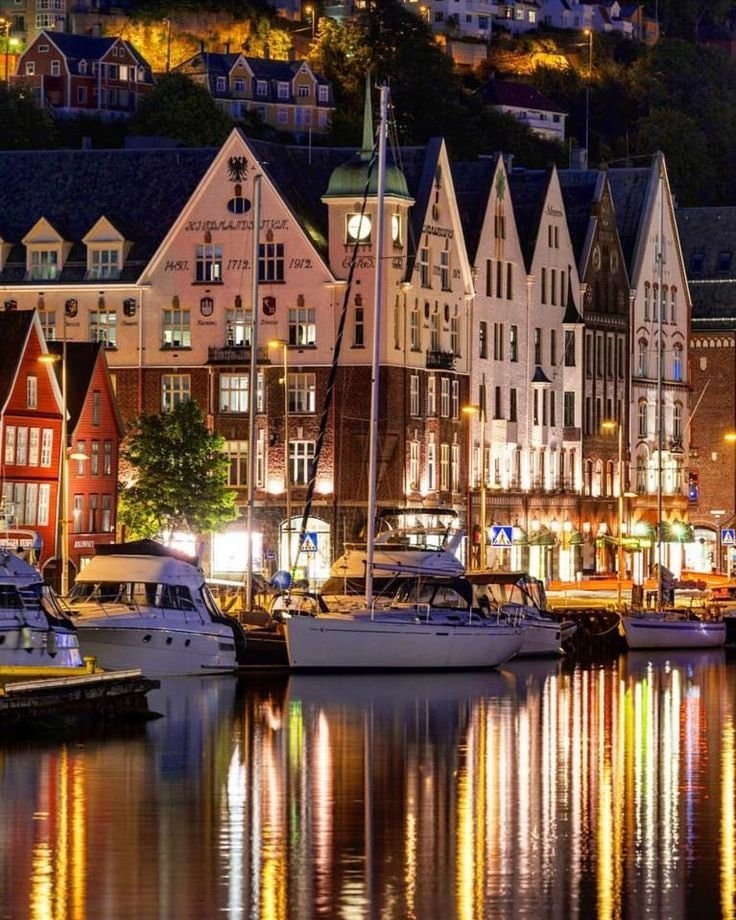 Bergen Norway harbor at night