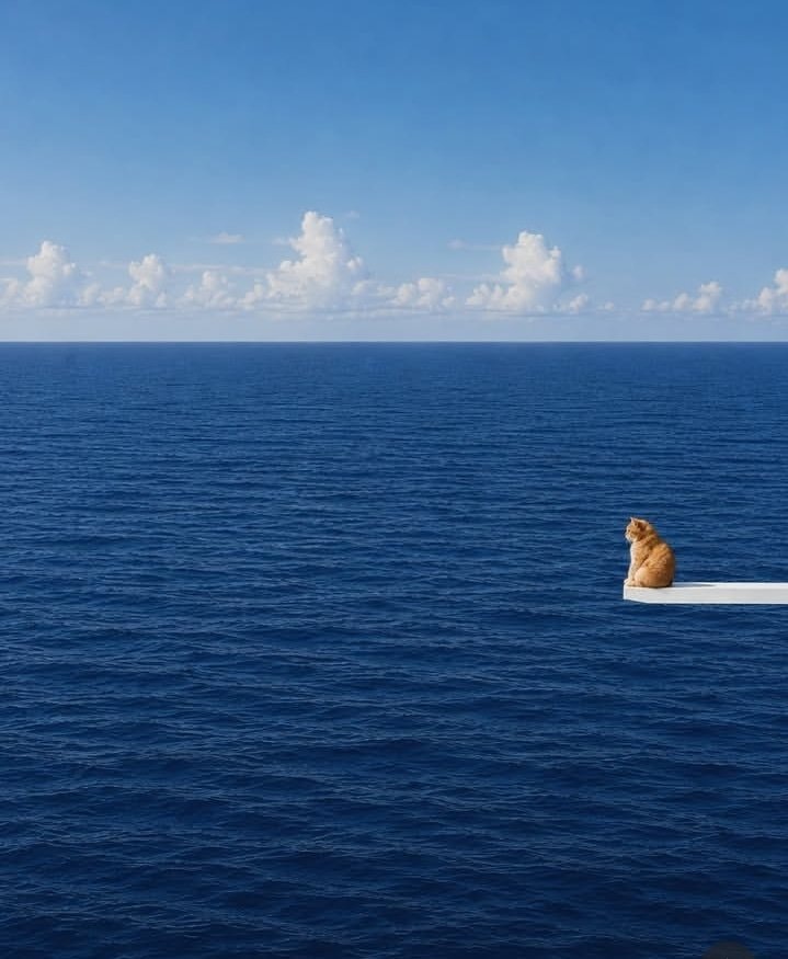 Orange tabby cat on plank over water (photo 2 of 2)
