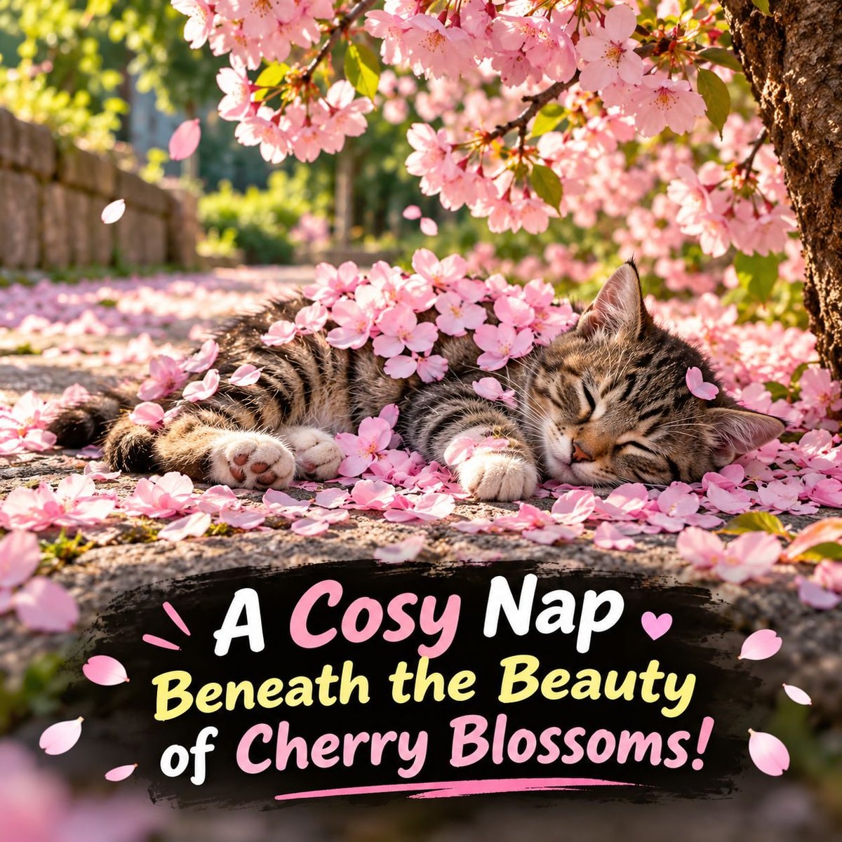 Kitten napping under cherry blossoms