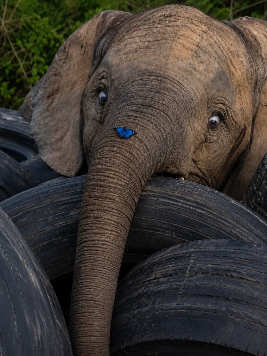 Elephant with butterfly on trunk (photo 2 of 2)