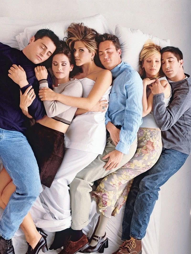 Friends cast on bed Friends cast on bed