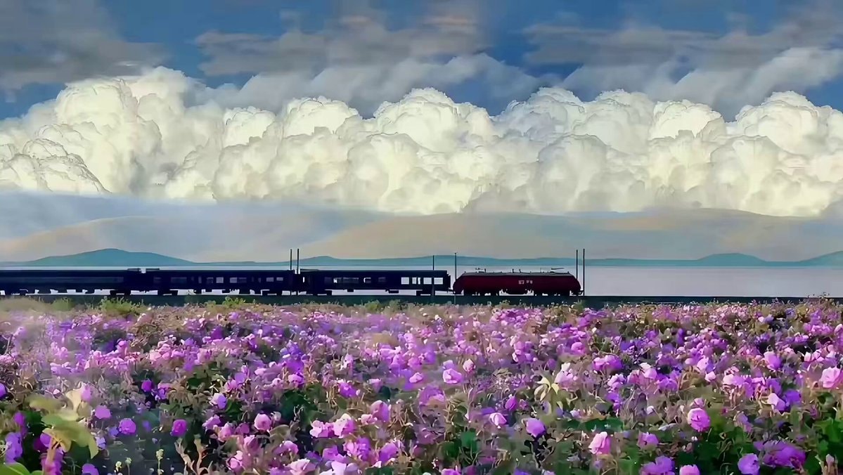 Train through purple flower field