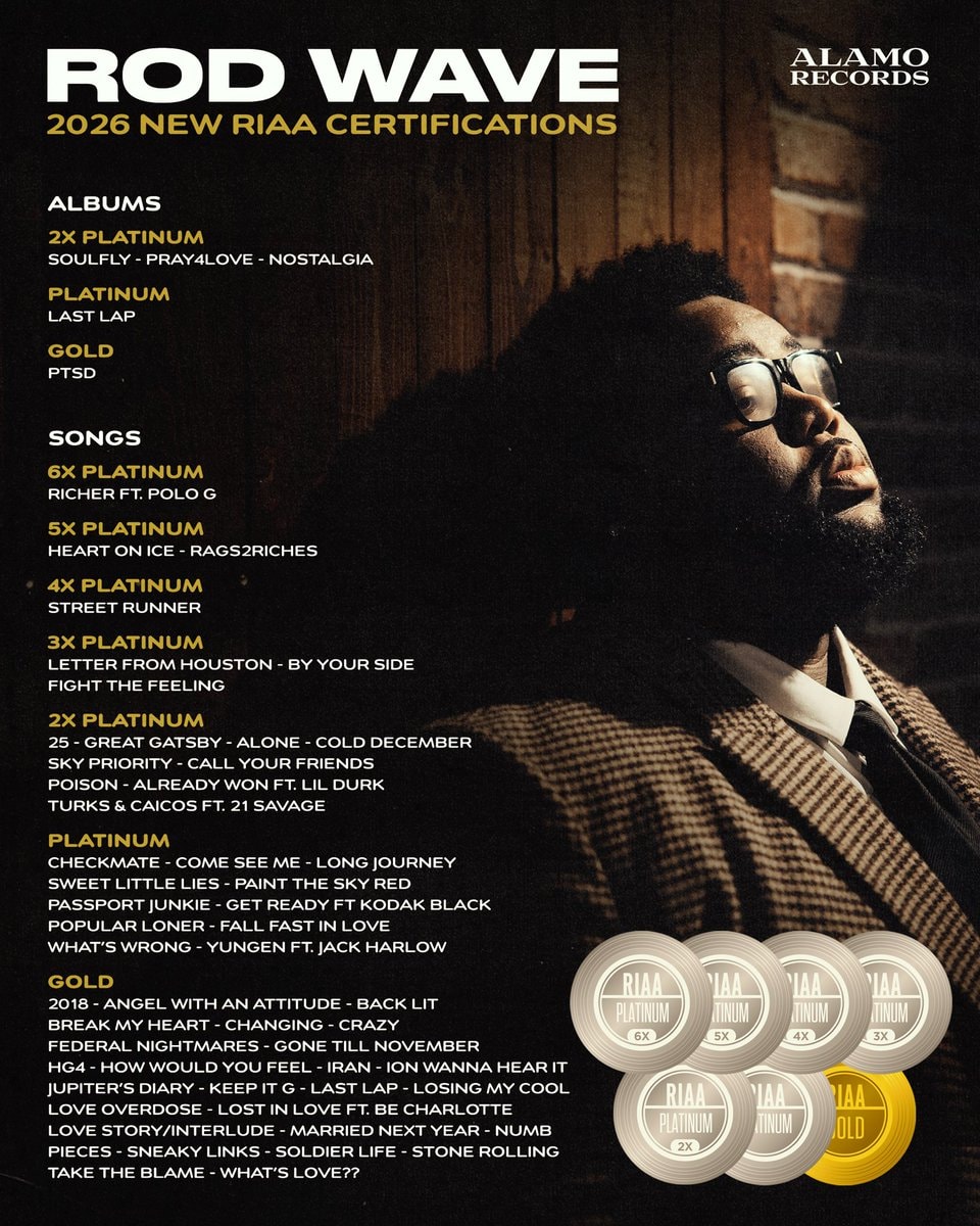 Rod Wave 59 new RIAA Certifications (photo 2 of 2)