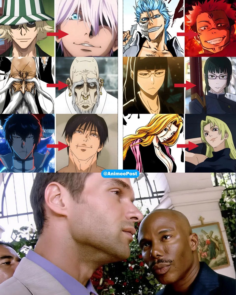 anime characters collage with red arrows