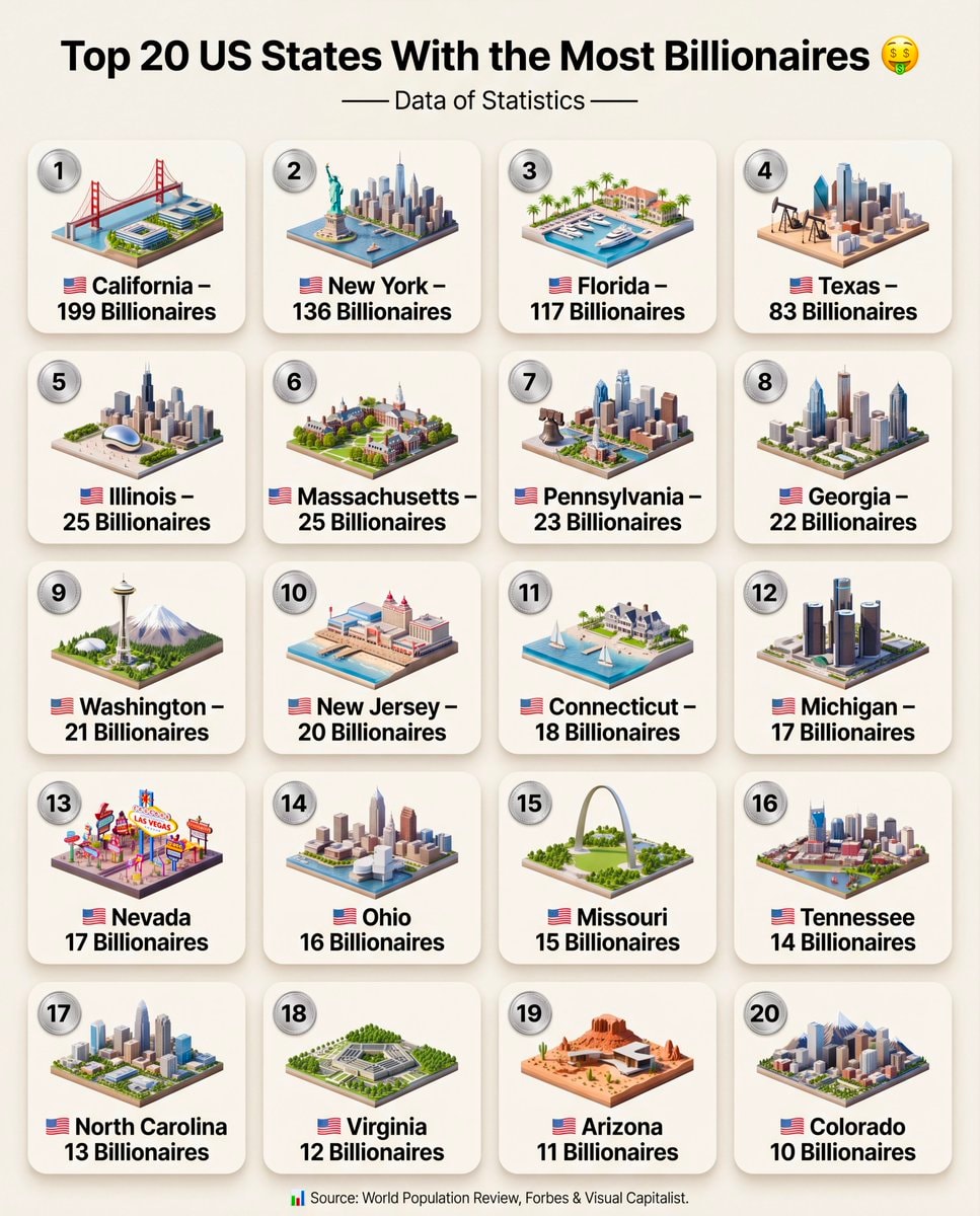 Top 20 US States With the Most Billionaires