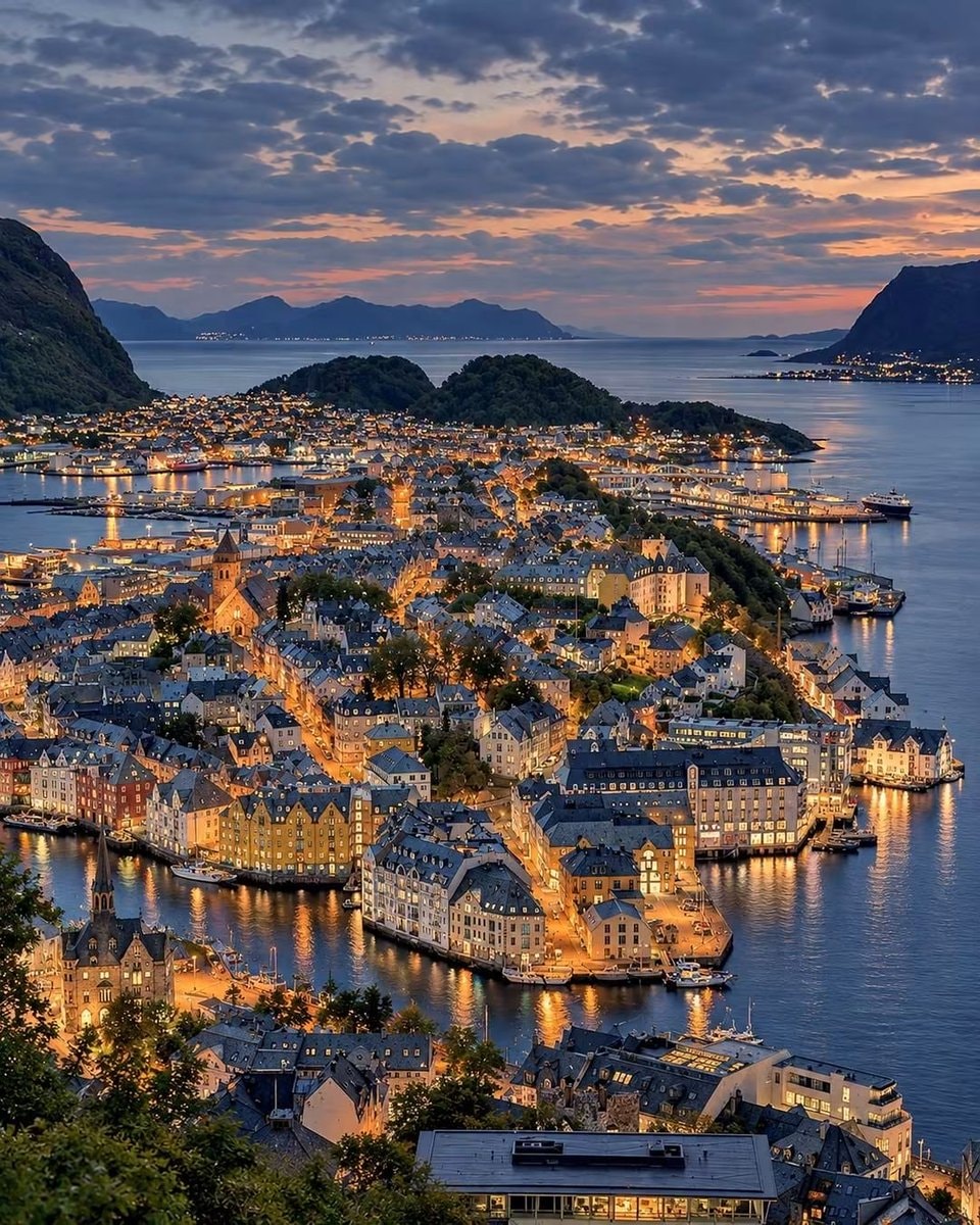 Ålesund Norway coastal city at dusk
