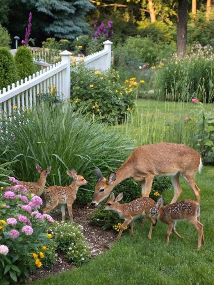 Doe and four fawns in garden