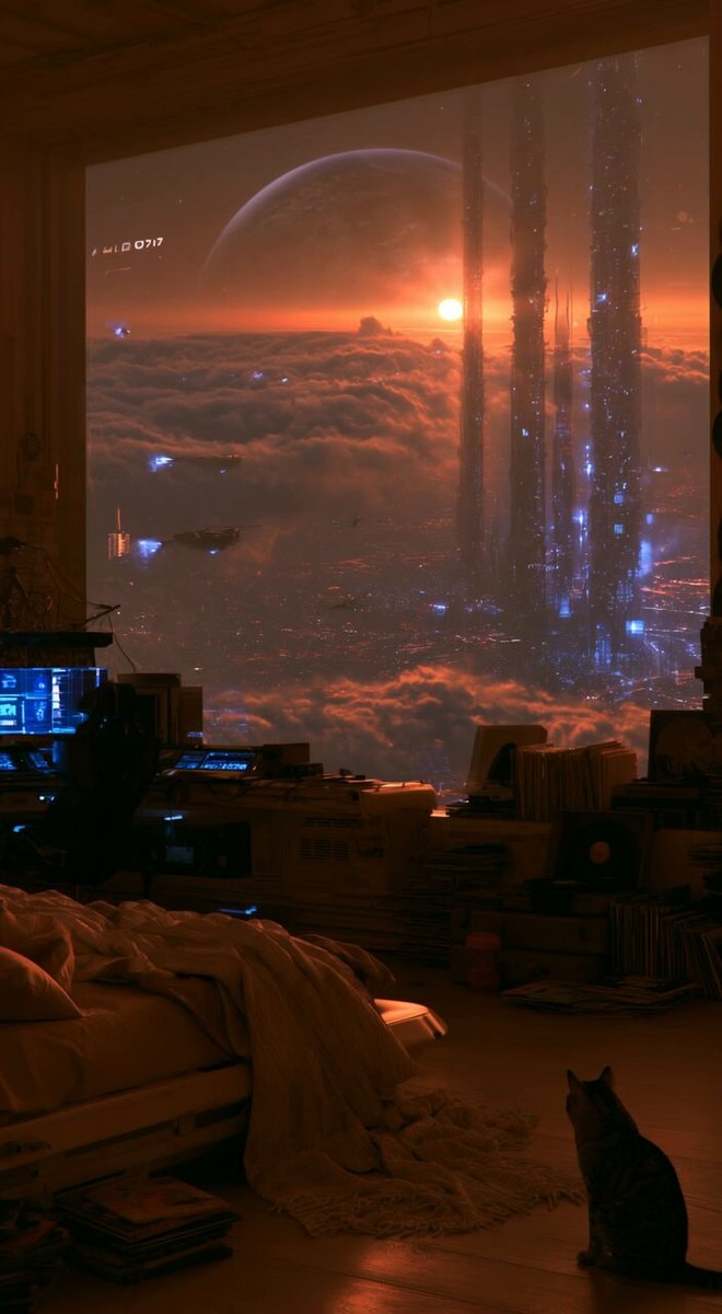 Futuristic cityscape with cat HLD 0717 Futuristic cityscape with cat HLD 0717