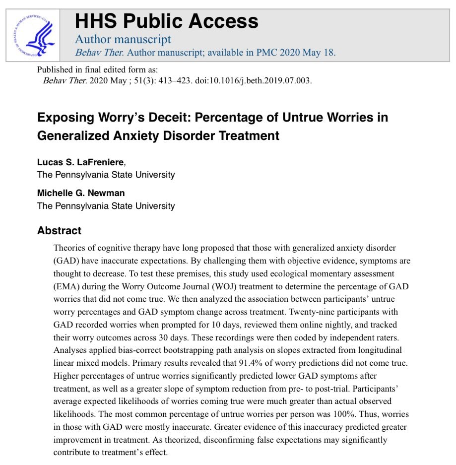 Anxiety worries untrue 91.4% study