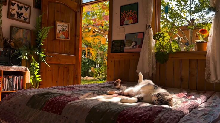 cozy cat on patchwork quilt