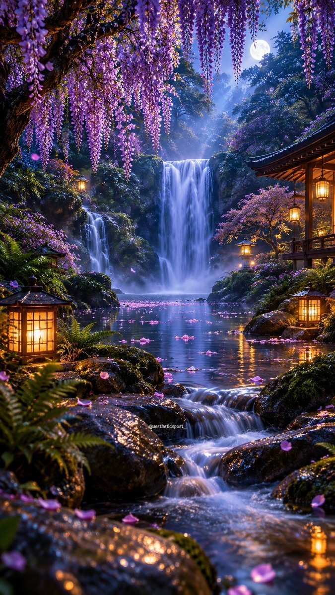 waterfall and moonlit lanterns