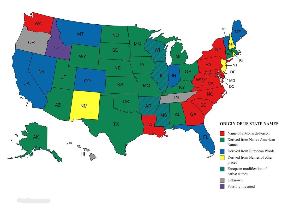 Origins of US state names map